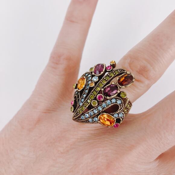 Signed Heidi Daus Swarovski Crystal Colorful Gold Tone Cocktail Ring Size 6.75 - Picture 2 of 10
